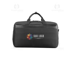 Mala executiva de couro preto, com zíper, alça de metal e detalhes em marrom. Ideal para viagens de negócios, possui um