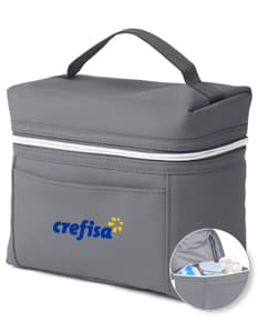 Bolsa térmica preta de couro moderna com alça, fecho de zíper e compartimento único. Ideal para transporte de alimentos e