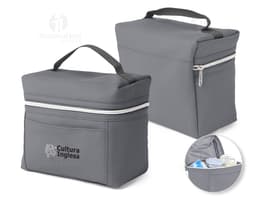Bolsa térmica preta de metal com alça de couro, design moderno e fecho de segurança. Ideal para armazenar e transportar