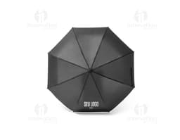 Guarda-chuva dobrável preto em formato de capelo de formatura, simbolizando sucesso e educação. O objeto 3D está aberto e