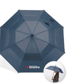 Guarda-chuva em poliéster 100%, com design aberto e colorido em forma de presente, decorado com laço e fita. Ideal para