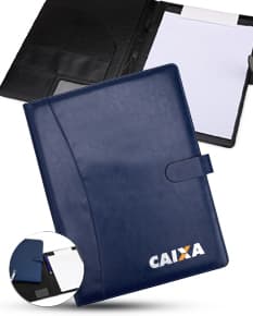 Pasta de convenção em couro preto com fecho imantado, ideais para armazenar documentos, laptop, dinheiro e outros objetos de trabalho. Perfeitas para celebrar a formatura ou conquista de sucesso.
