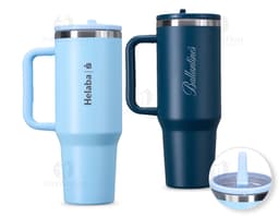Caneca Térmica de 1,2 litros, em aço inoxidável com tampa e alça preta.