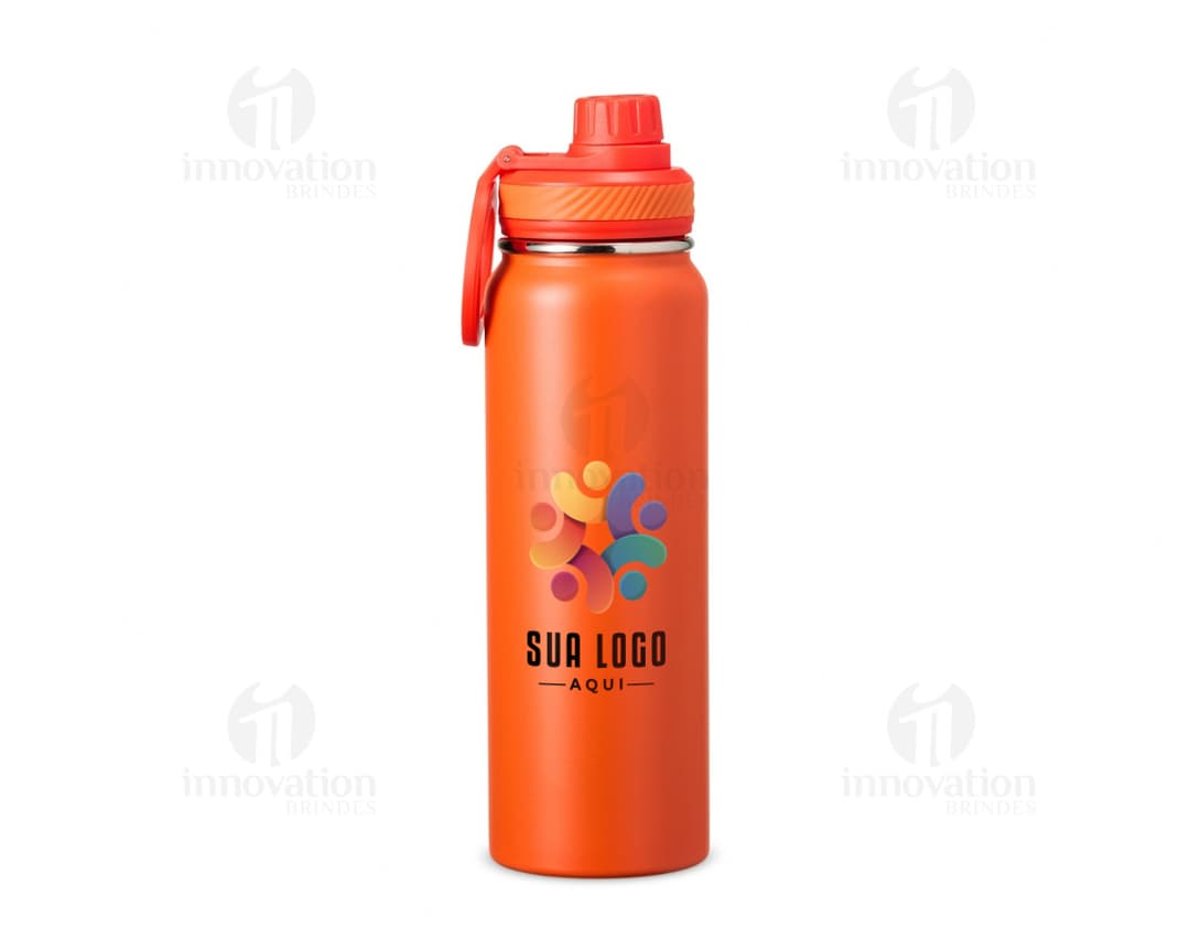 Garrafa Térmica 850ml em aço inoxidável com tampa de rosca e alça para transporte. Cor predominante: prata.