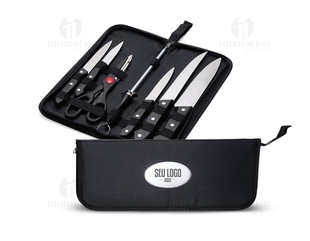 Kit churrasco de 7 peças em aço inoxidável, incluindo faca, garfo, pinça, espátula, escova de limpeza, amolador e maleta
