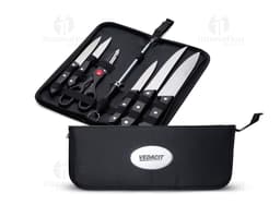 Kit churrasco de 7 peças em aço inoxidável, incluindo faca, garfo, pinça, espátula, escova de limpeza, amolador e maleta