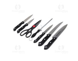 Kit churrasco de 7 peças em aço inoxidável, incluindo faca, garfo, pinça, espátula, escova de limpeza, amolador e maleta