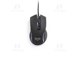 Mouse para jogos em cor preta e prata, com tecnologia óptica, botões de clique e rolagem, cabos de conexão, design moderno e