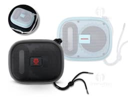 Caixa de som Bluetooth preta com design moderno e elegante, possui botões de controle na parte superior e conexão sem fio
