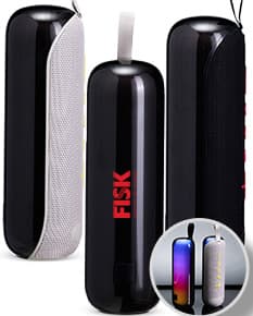 Caixa de som Bluetooth na cor preta, com design moderno e aspecto compacto.