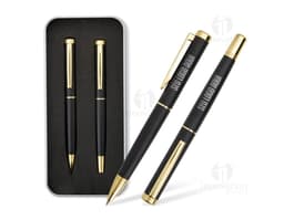 Kit com várias canetas executivas em tons de preto, prata e dourado. As canetas possuem design elegante e são ideais para uso