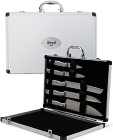 Kit de facas composto por 5 peças diferentes, todas acomodadas em uma maleta para transporte.
