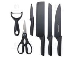 Produto Kit Churrasco 6 peças contendo faca, garfo, espátula, pinça, escova e afiador de facas em fundo branco.