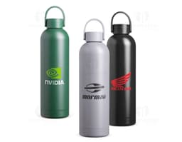 Garrafa Térmica 750ml em aço inoxidável na cor prata, com tampa rosqueável e alça para transporte.