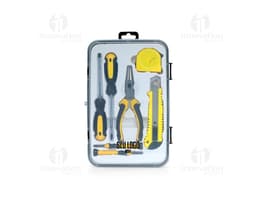 Kit ferramentas 7 peças, incluindo chave de fenda, chave inglesa, martelo, alicate, fita métrica, chave de fenda e furadeira.