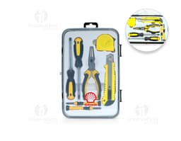 Kit ferramentas 7 peças, incluindo chave de fenda, chave inglesa, martelo, alicate, fita métrica, chave de fenda e furadeira.