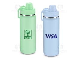 Garrafa térmica inox de 570ml, na cor prata, com tampa rosqueável e alça para transporte.