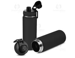 Garrafa térmica inox de 570ml, na cor prata, com tampa rosqueável e alça para transporte.