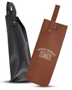 Porta Vinho PU preto com alça de couro, design elegante e prático para transportar garrafas de vinho com segurança.