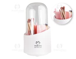Organizador de pincéis colorido e brilhante contendo diversos tipos de pincéis, lápis, batons e outros acessórios de
