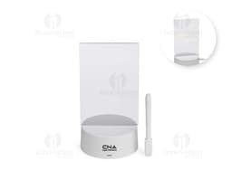 Luminária Led de Mesa na cor preta, com hastes flexíveis e base redonda. Acesa, iluminando um ambiente com luz branca.