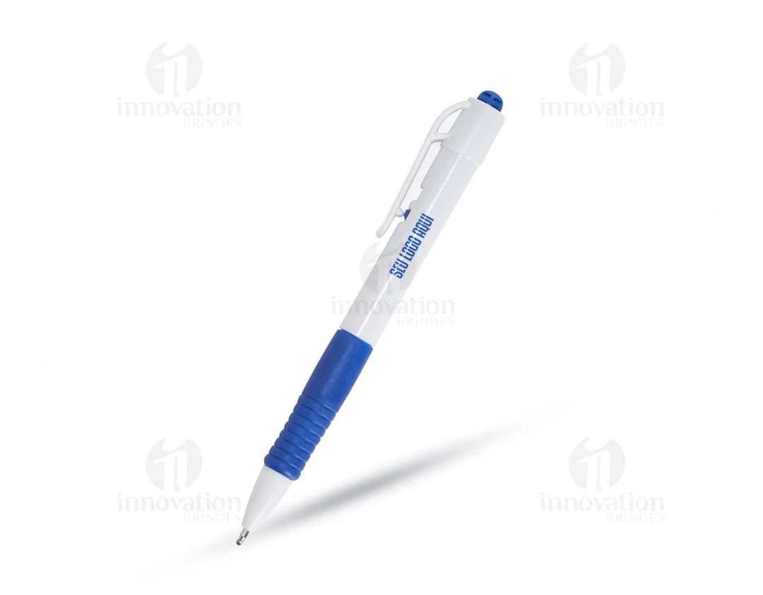 Caneta plástica azul com tampa e corpo transparente.