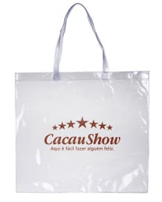 Sacola plástica transparente e elegante, com alça de couro e fecho de metal. Ideal para embalagem de presentes e compras em