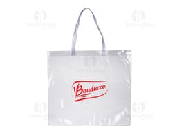 Sacola plástica transparente e elegante, com alça de couro e fecho de metal. Ideal para embalagem de presentes e compras em