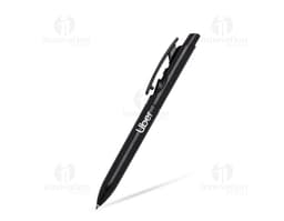 Caneta plástica preta com ponta afiada, ideal para escrever, desenhar e assinar documentos. Feita de material plástico
