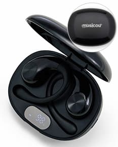 Fone de ouvido de condução óssea em cor preta, com design moderno e tecnologia avançada.