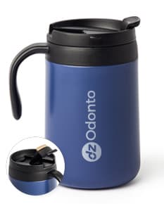 Caneca térmica de 500ml em aço inox com tampa e alça.