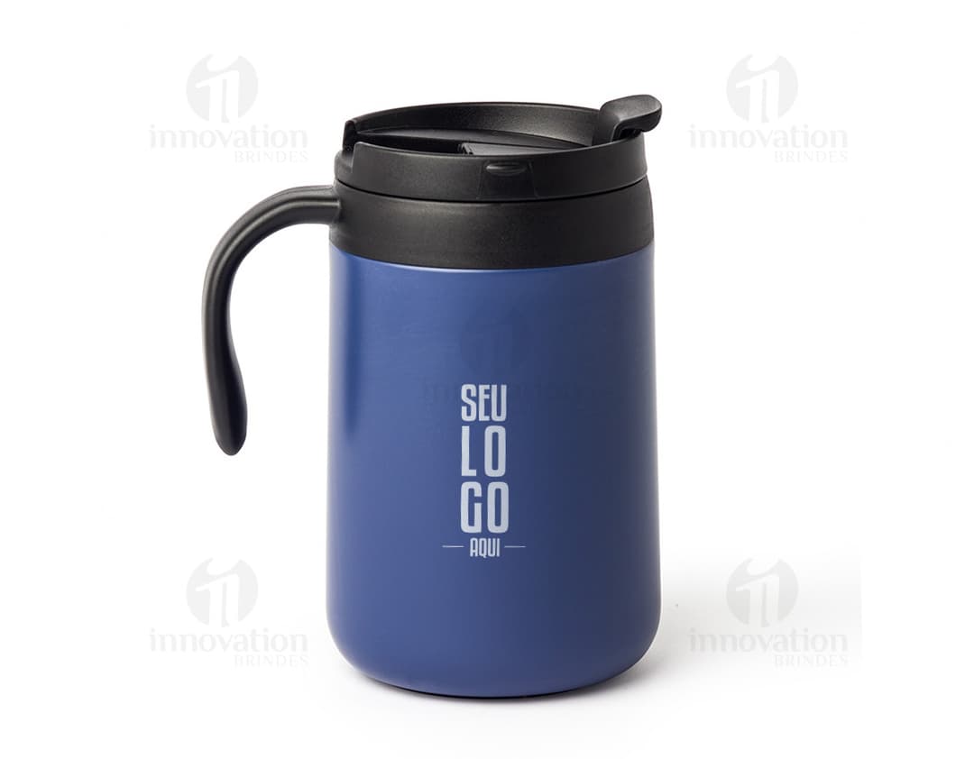 Caneca térmica de 500ml em aço inox com tampa e alça.