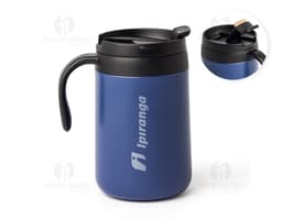 Caneca térmica de 500ml em aço inox com tampa e alça.