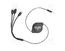 Cabo USB retrátil 3 em 1 em cores preta e branca, mostrando a versatilidade do produto.