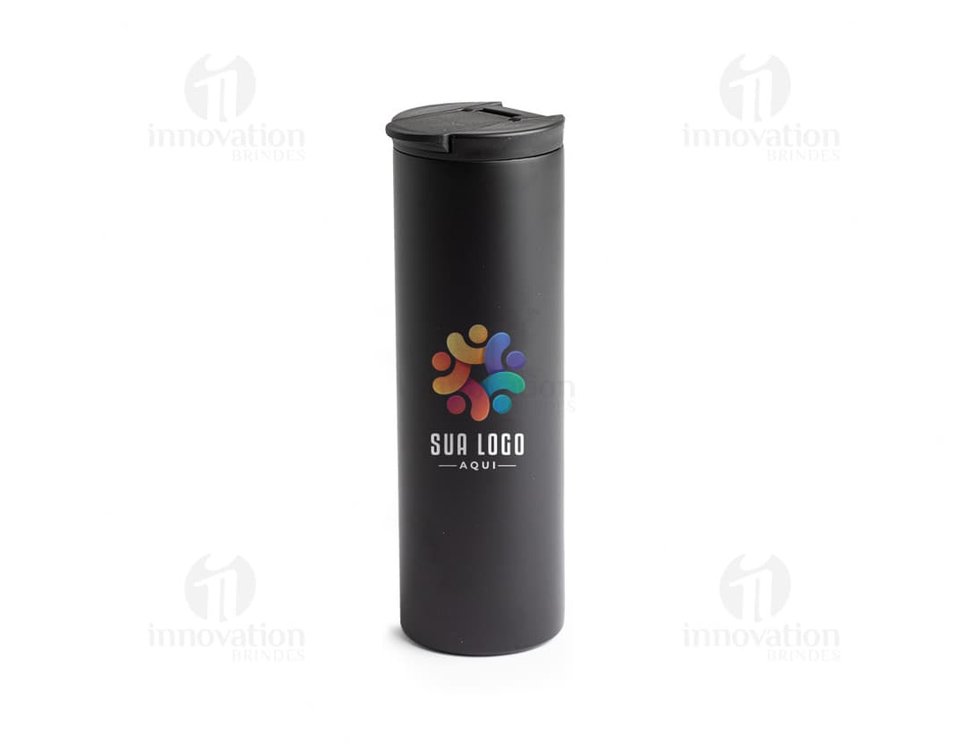 Copo Térmico 500ml na cor preta com tampa de rosca, ideal para manter a temperatura de bebidas quentes ou frias por mais