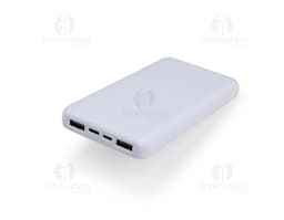 Power Bank 10.000mAh preto com indicador de bateria e duas portas USB para carregamento rápido.