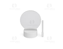 Luminária LED de mesa na cor branca, com braço flexível e base redonda.