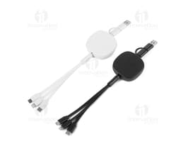 Cabo para carregamento 3 em 1 em cores preta, branca e rosa, com conectores USB, micro-USB e Lightning.