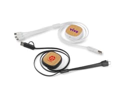 Cabo para carregamento 3 em 1 em cores preta, branca e rosa, com conectores USB, micro-USB e Lightning.