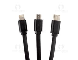 Cabo para carregamento 3 em 1 em cores preta, branca e rosa, com conectores USB, micro-USB e Lightning.