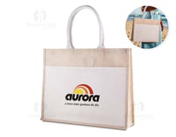 Sacola em algodão e juta com design moderno e resistente. Possui alças de couro e fecho de metal para garantir a segurança