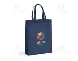 Sacola non-woven marrom e amarela, vazia, com alças e etiqueta de preço. Representação de um produto de luxo para compras e