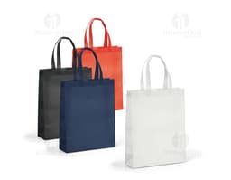 Sacola non-woven marrom e amarela, vazia, com alças e etiqueta de preço. Representação de um produto de luxo para compras e