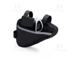 Bolsa Bicicleta Oxford preta, feita de couro, com alça de suporte e dispositivo de fechamento. Pode ser utilizada como