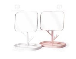 Espelho de Mesa Plástico branco com base de plástico e tamanho médio.