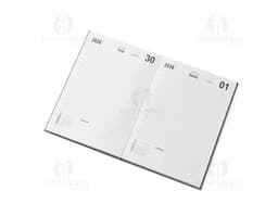 Notebook de linho para Agenda Diária 2026, com moderm à frente, equipamento eletrônico, livro, papel em branco, objetos de