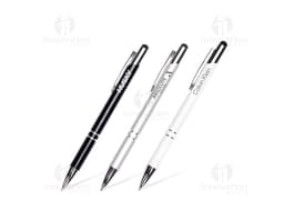 Caneta metal touch em cor prata com detalhes em preto e ponta touch screen.
