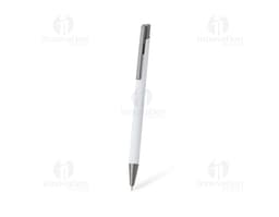 Caneta metal prateada com detalhes em preto sobre fundo branco.