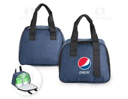 Bolsa térmica de 6 litros, ideal para manter alimentos e bebidas refrigerados. Cor predominante azul com alça ajustável e