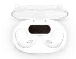Fone de ouvido Bluetooth preto com design moderno e elegante.